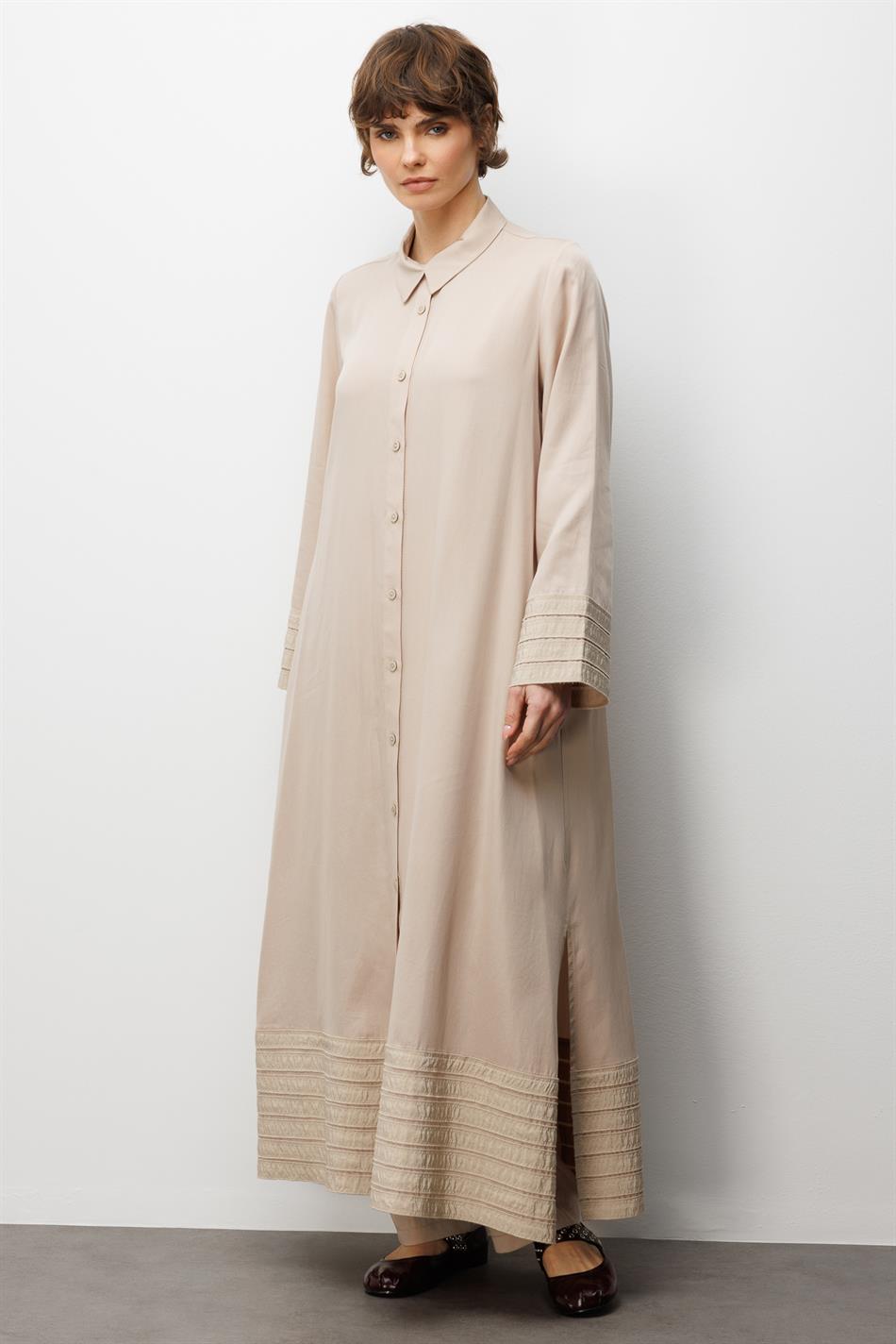 %100 Doğal LyoCEL ile Dökümlü Soft Hissiyat ve Elişi Bant Detaylı Ferace-Taş