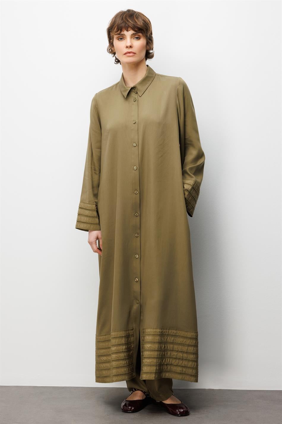 %100 Doğal LyoCEL ile Dökümlü Soft Hissiyat ve Elişi Bant Detaylı Ferace-Haki