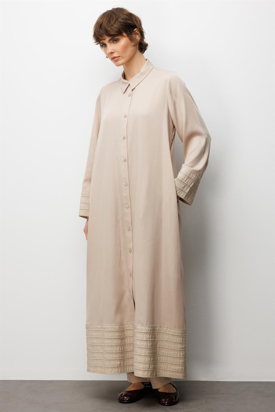 %100 Doğal LyoCEL ile Dökümlü Soft Hissiyat ve Elişi Bant Detaylı Ferace-Taş