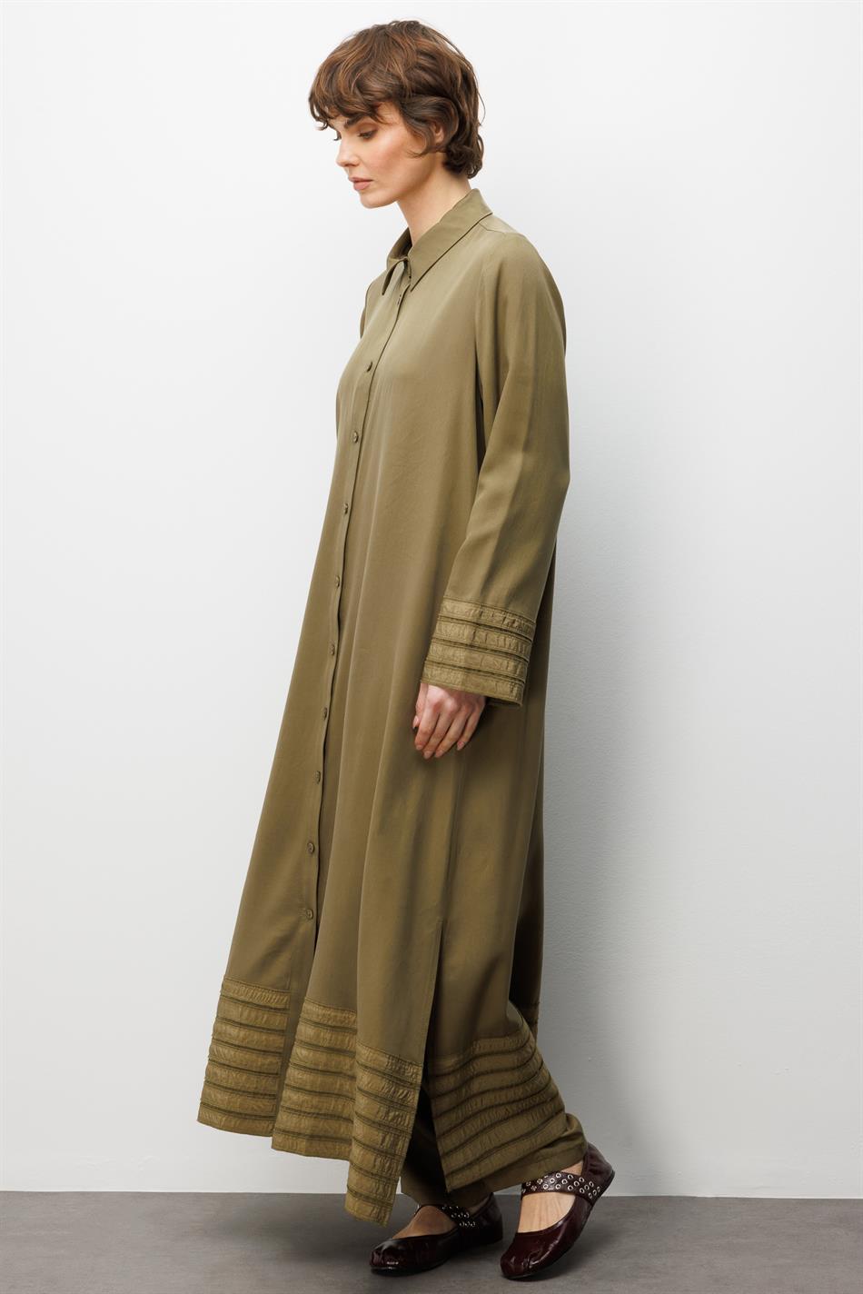 %100 Doğal LyoCEL ile Dökümlü Soft Hissiyat ve Elişi Bant Detaylı Ferace-Haki