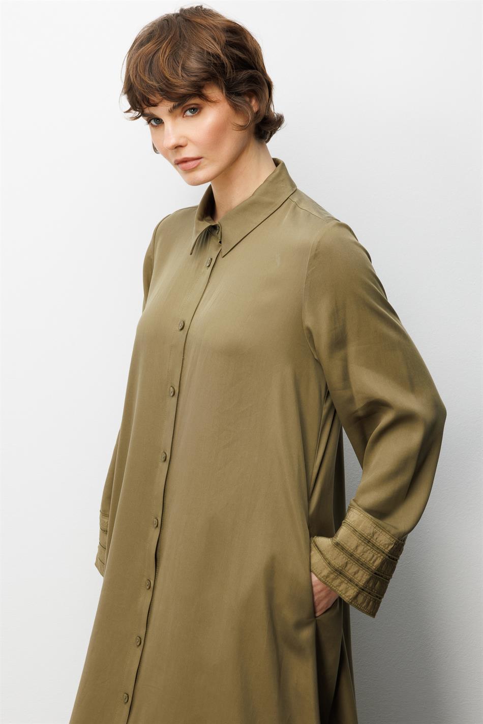 %100 Doğal LyoCEL ile Dökümlü Soft Hissiyat ve Elişi Bant Detaylı Ferace-Haki