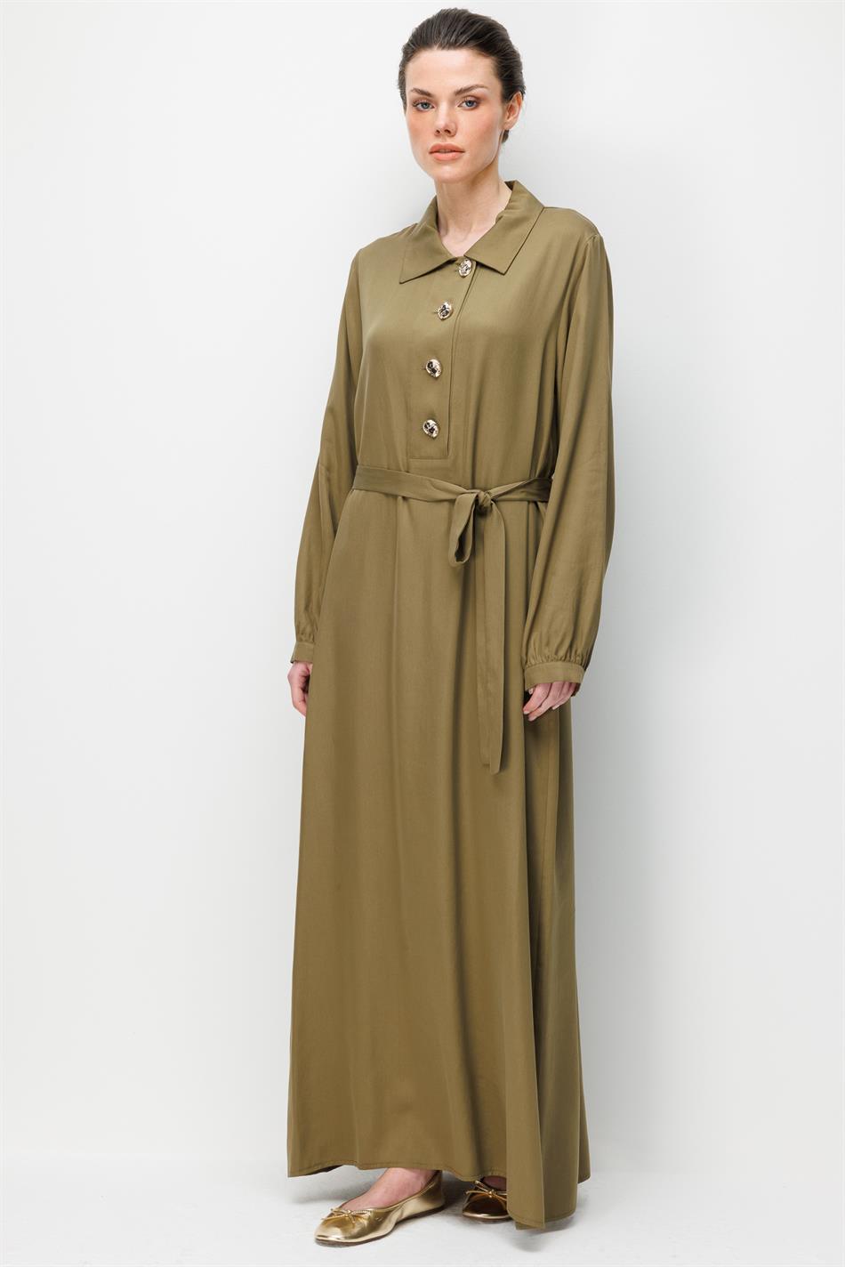 100% natuurlijke LyoCELL gedrapeerde, zachte jurk met knoopsluiting - Khaki