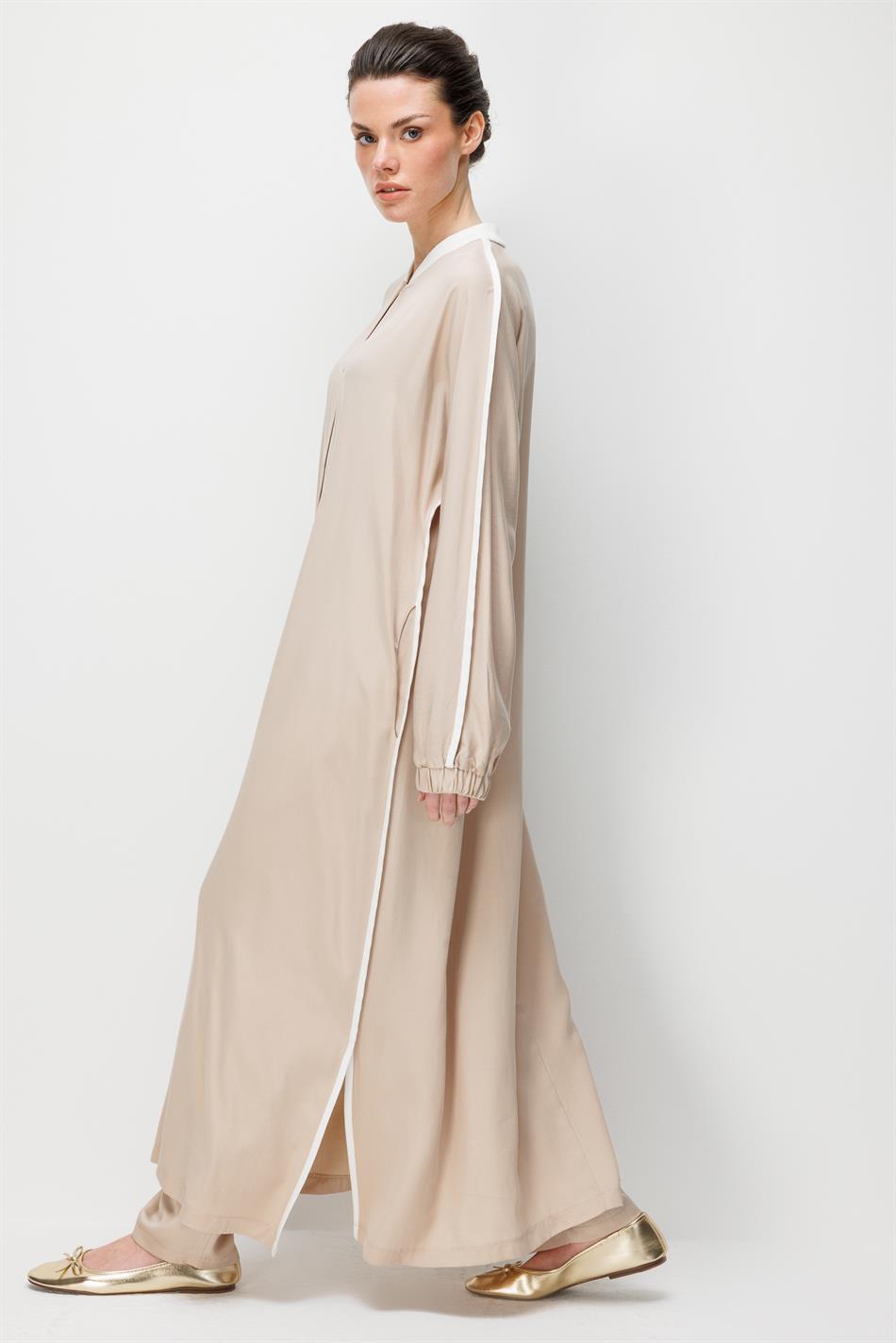 %100 Doğal LyoCELL Dökümlü Soft Hissiyat  Spor Bant Detaylı Maxi Tunik Ferace-Taş