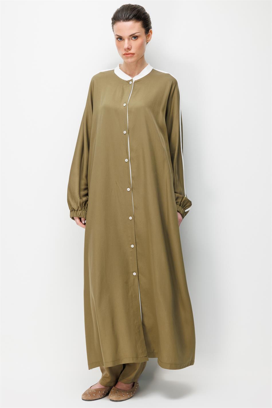 %100 Doğal LyoCELL Dökümlü Soft Hissiyat  Spor Bant Detaylı Maxi Tunik Ferace-Haki
