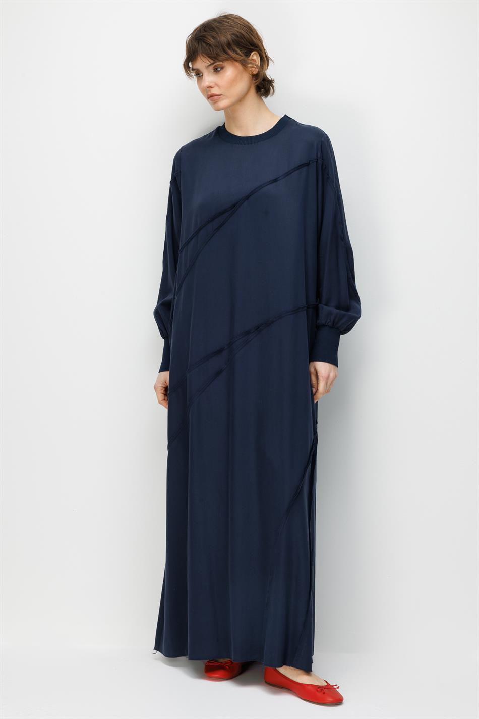 %100 Doğal LyoCELL Dökümlü Soft Hissiyat Ara Aller Dikiş Detaylı Maxi Elbise-Laci