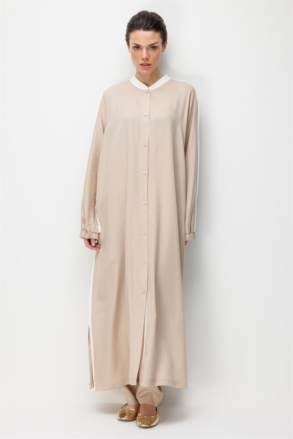 %100 Doğal LyoCELL Dökümlü Soft Hissiyat  Spor Bant Detaylı Maxi Tunik Ferace-Taş
