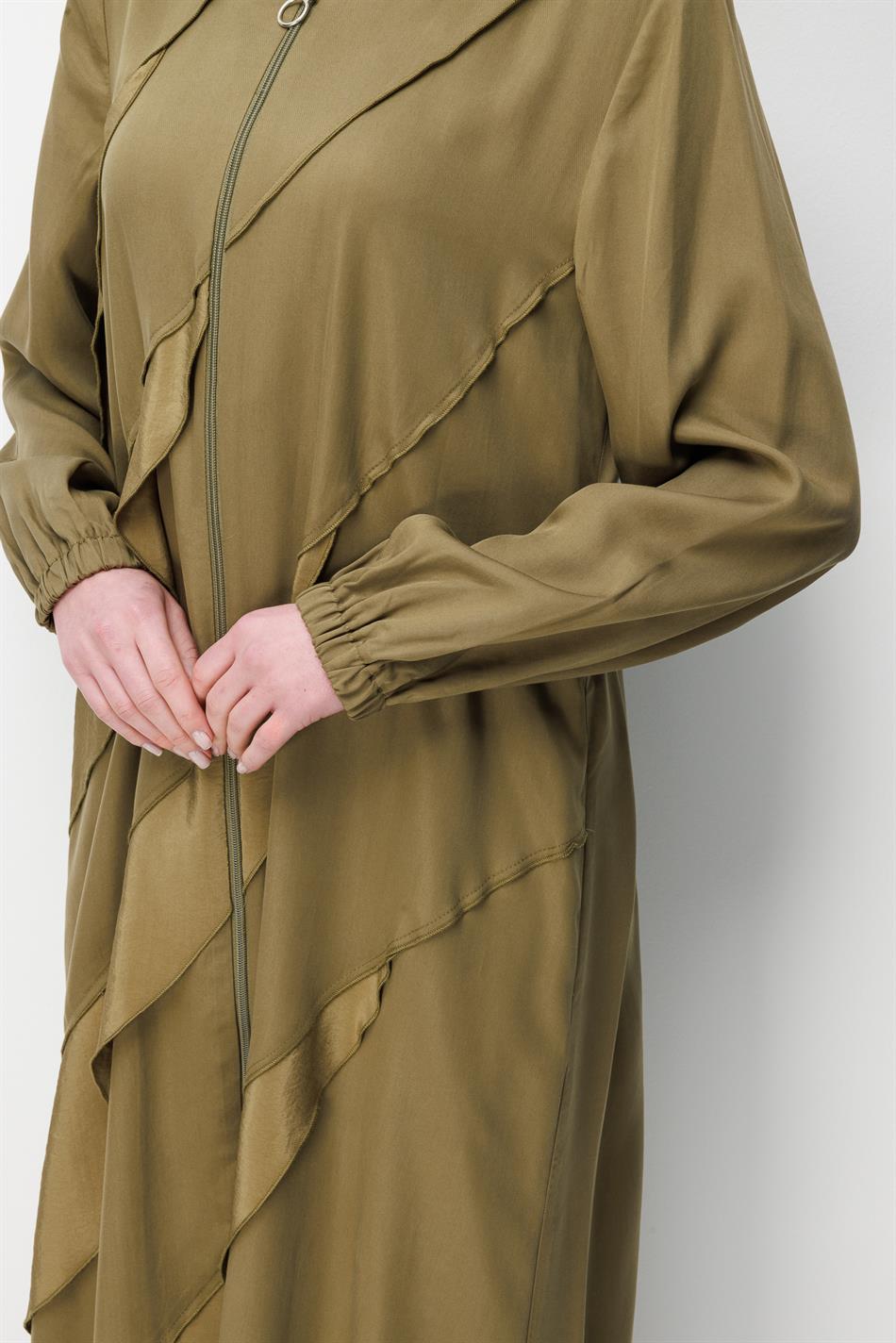 %100 Doğal LyoCELL Dökümlü Soft Hissiyat Ara Aller Volanlı Detay Ferace-Haki