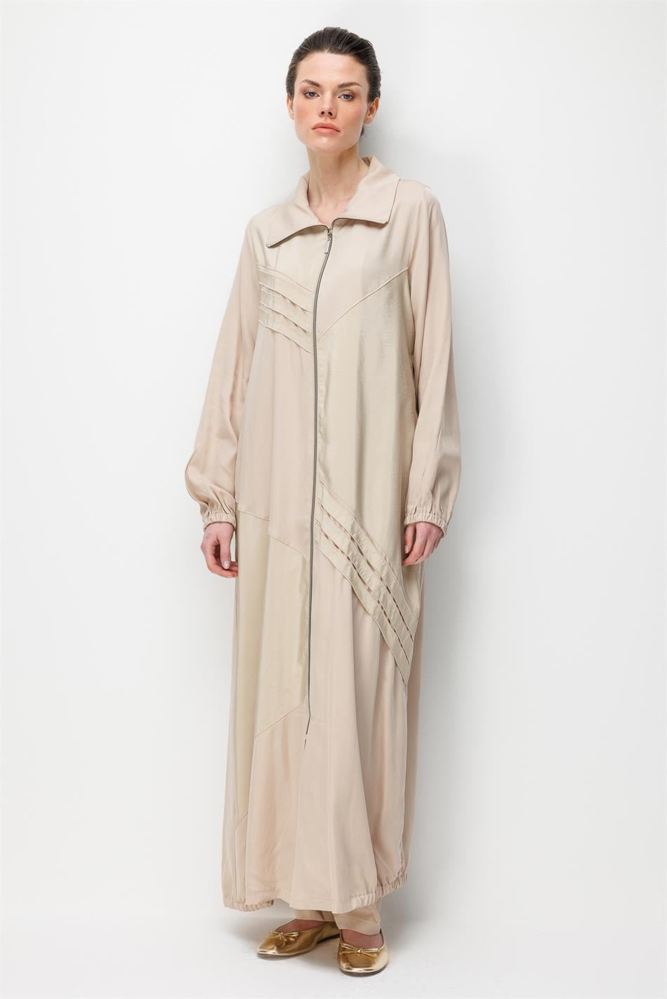 %100 Doğal LyoCELL Dökümlü Soft Hissiyat Ara Garni Detay Ferace-Taş