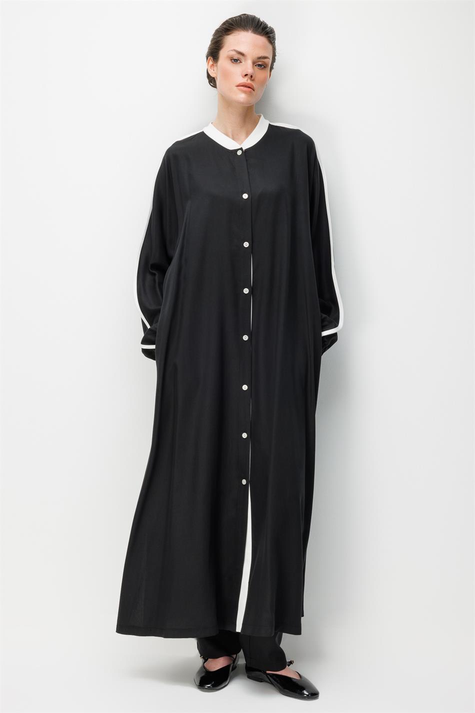 %100 Doğal LyoCELL Dökümlü Soft Hissiyat  Spor Bant Detaylı Maxi Tunik Ferace-Siyah