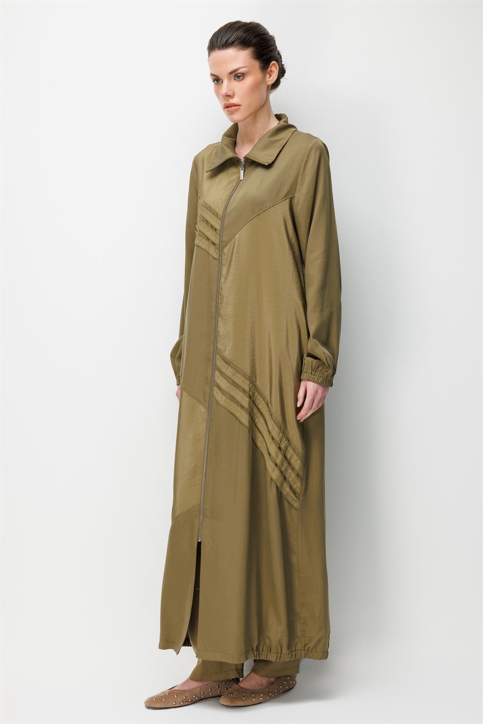 %100 Doğal LyoCELL Dökümlü Soft Hissiyat Ara Garni Detay Ferace-Haki