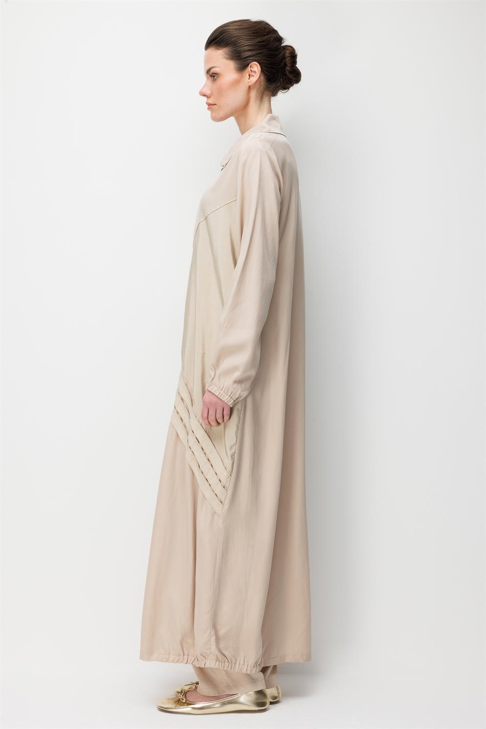 %100 Doğal LyoCELL Dökümlü Soft Hissiyat Ara Garni Detay Ferace-Taş