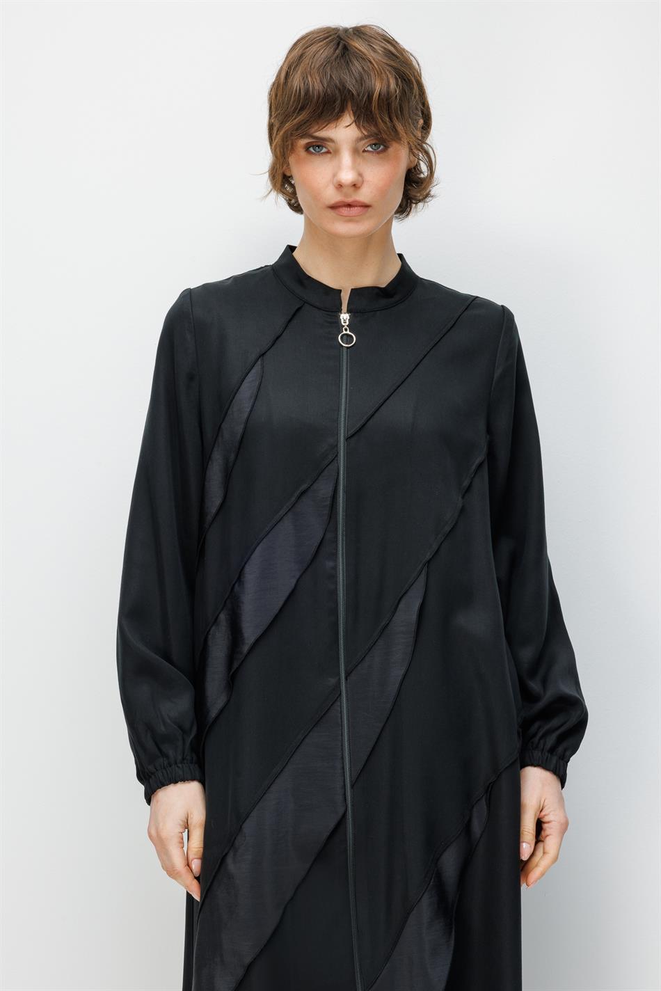 %100 Doğal LyoCELL Dökümlü Soft Hissiyat Ara Aller Volanlı Detay Ferace-Siyah