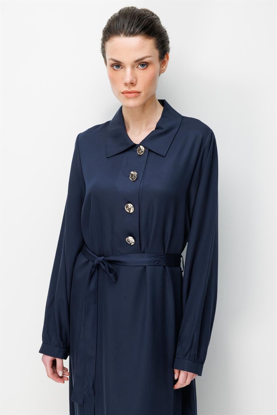 100% natuurlijke LyoCELL gedrapeerde, zachte jurk met knoopsluiting - Marineblauw