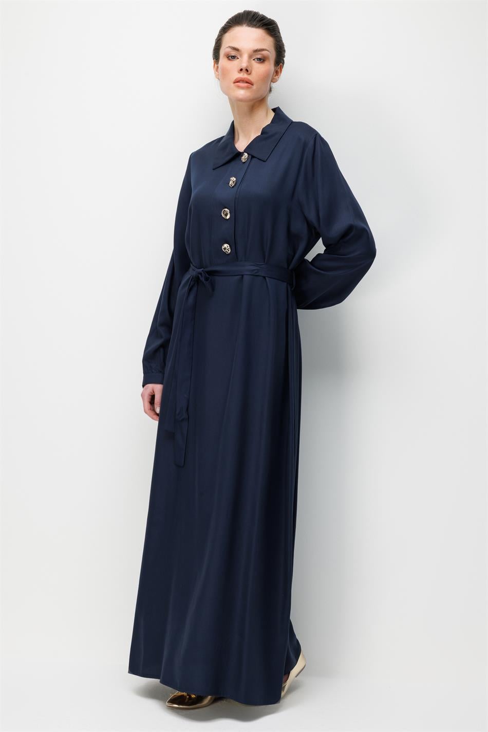 100% natuurlijke LyoCELL gedrapeerde, zachte jurk met knoopsluiting - Marineblauw