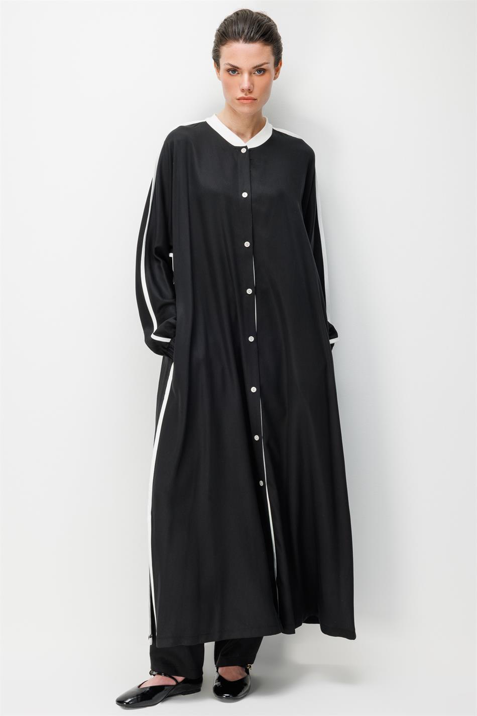 %100 Doğal LyoCELL Dökümlü Soft Hissiyat  Spor Bant Detaylı Maxi Tunik Ferace-Siyah