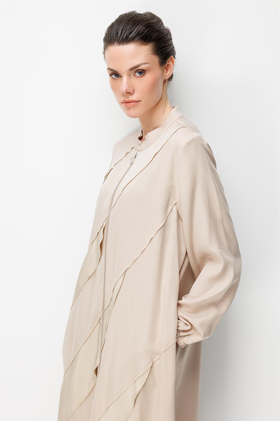 %100 Doğal LyoCELL Dökümlü Soft Hissiyat Ara Aller Volanlı Detay Ferace-Taş