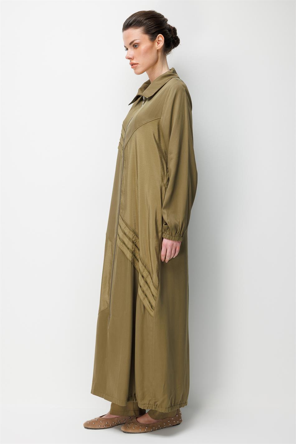 %100 Doğal LyoCELL Dökümlü Soft Hissiyat Ara Garni Detay Ferace-Haki