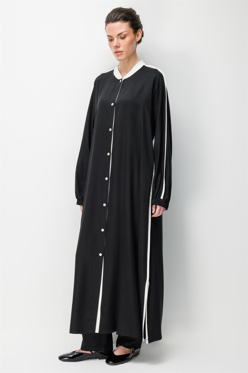 %100 Doğal LyoCELL Dökümlü Soft Hissiyat  Spor Bant Detaylı Maxi Tunik Ferace-Siyah