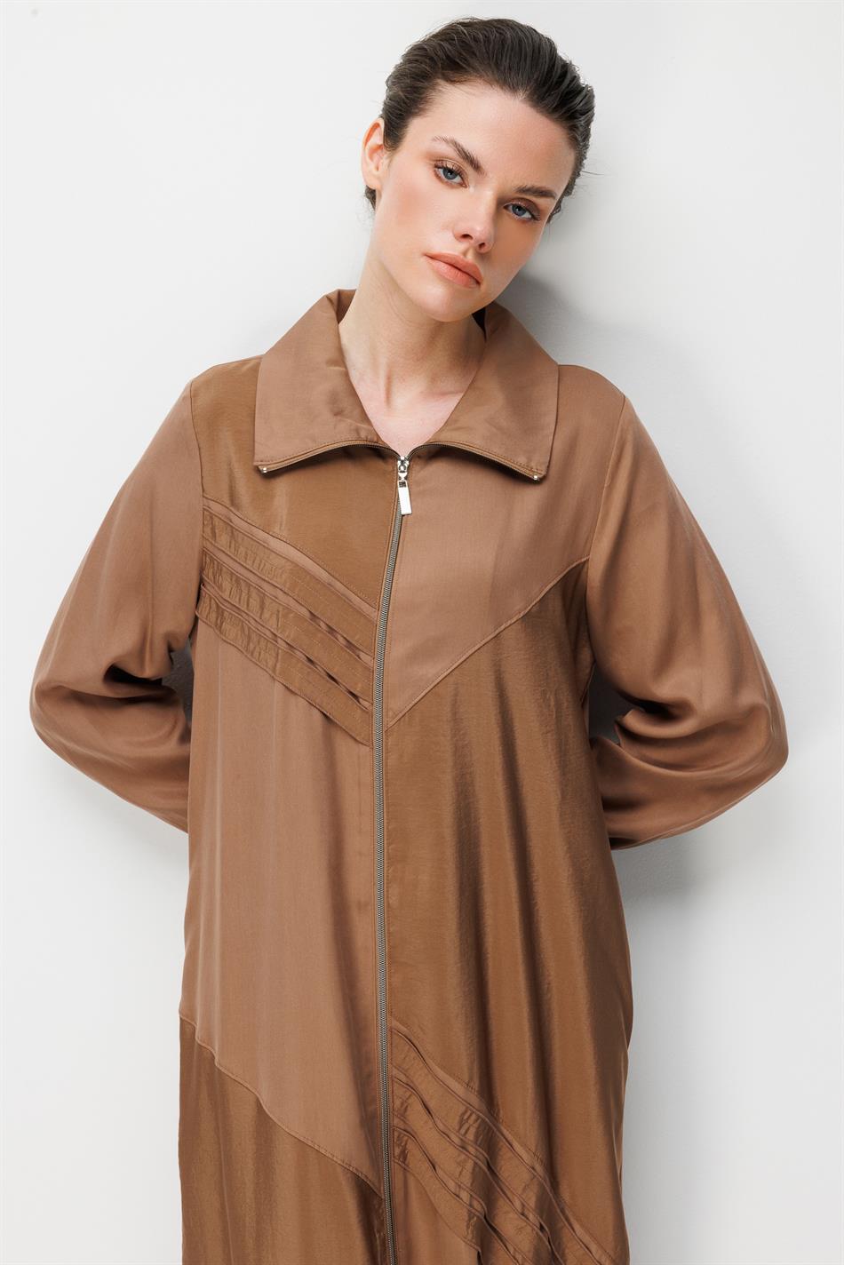 %100 Doğal LyoCELL Dökümlü Soft Hissiyat Ara Garni Detay Ferace-Kahve