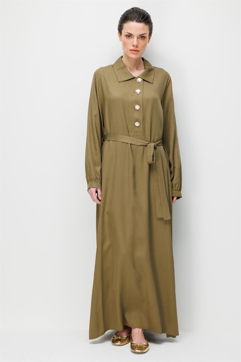 100% natuurlijke LyoCELL gedrapeerde, zachte jurk met knoopsluiting - Khaki