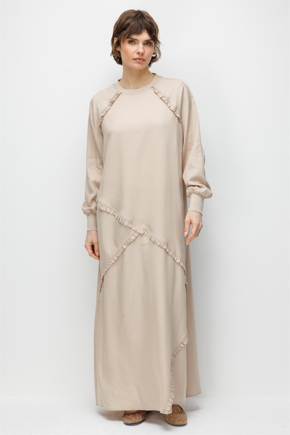 %100 Doğal LyoCELL Dökümlü Soft Hissiyat Büzgülü Aller Garni Detaylı Maxi Elbise-Taş