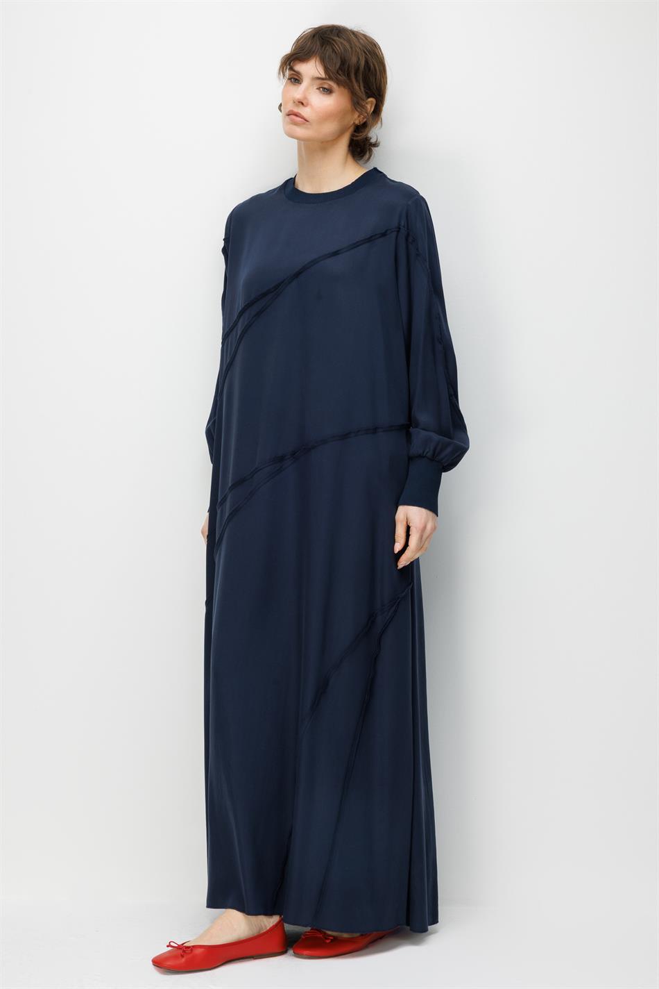 %100 Doğal LyoCELL Dökümlü Soft Hissiyat Ara Aller Dikiş Detaylı Maxi Elbise-Laci