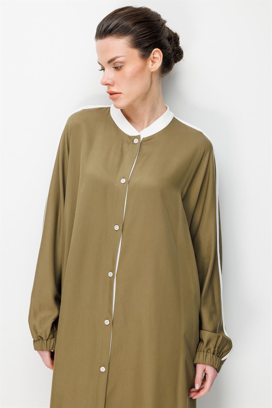 %100 Doğal LyoCELL Dökümlü Soft Hissiyat  Spor Bant Detaylı Maxi Tunik Ferace-Haki