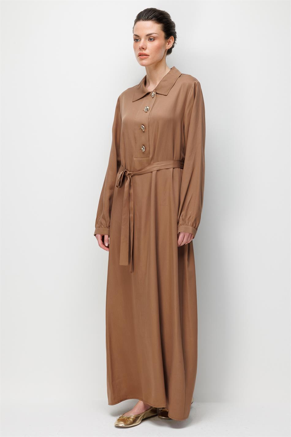 100% natuurlijke LyoCELL soepele, zachte jurk met knoopsluiting - Koffie