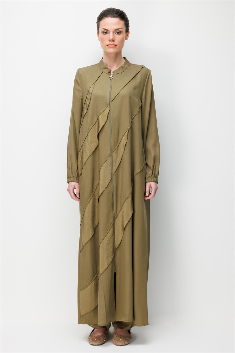 %100 Doğal LyoCELL Dökümlü Soft Hissiyat Ara Aller Volanlı Detay Ferace-Haki