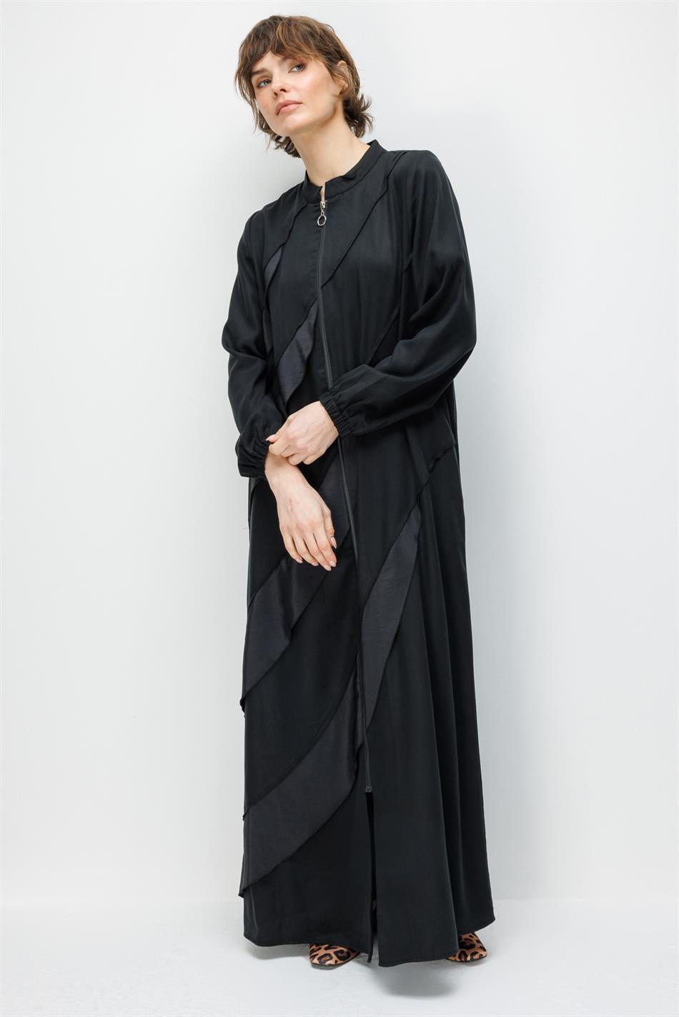 %100 Doğal LyoCELL Dökümlü Soft Hissiyat Ara Aller Volanlı Detay Ferace-Siyah