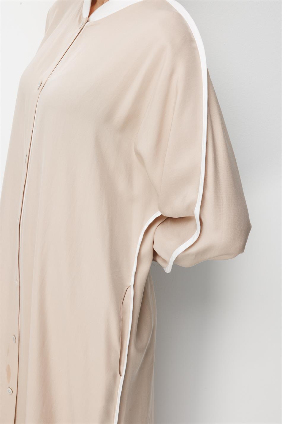 %100 Doğal LyoCELL Dökümlü Soft Hissiyat  Spor Bant Detaylı Maxi Tunik Ferace-Taş