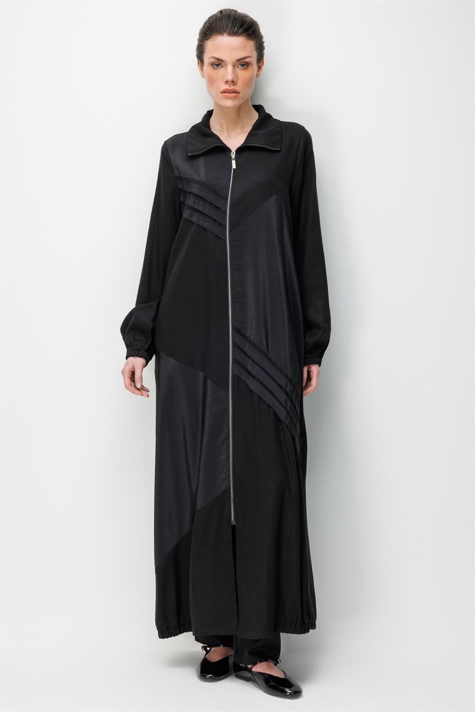 %100 Doğal LyoCELL Dökümlü Soft Hissiyat Ara Garni Detay Ferace-Siyah