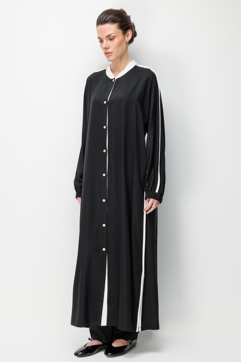 %100 Doğal LyoCELL Dökümlü Soft Hissiyat  Spor Bant Detaylı Maxi Tunik Ferace-Siyah