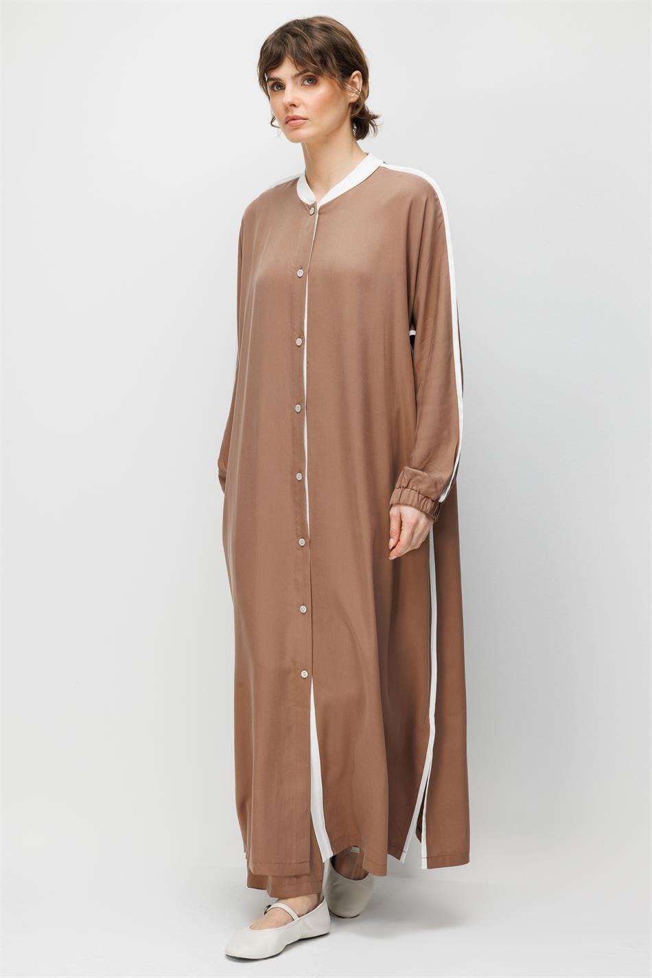 %100 Doğal LyoCELL Dökümlü Soft Hissiyat  Spor Bant Detaylı Maxi Tunik Ferace-Kahve