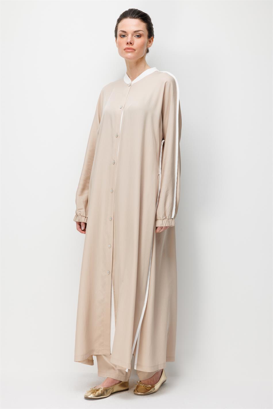 %100 Doğal LyoCELL Dökümlü Soft Hissiyat  Spor Bant Detaylı Maxi Tunik Ferace-Taş