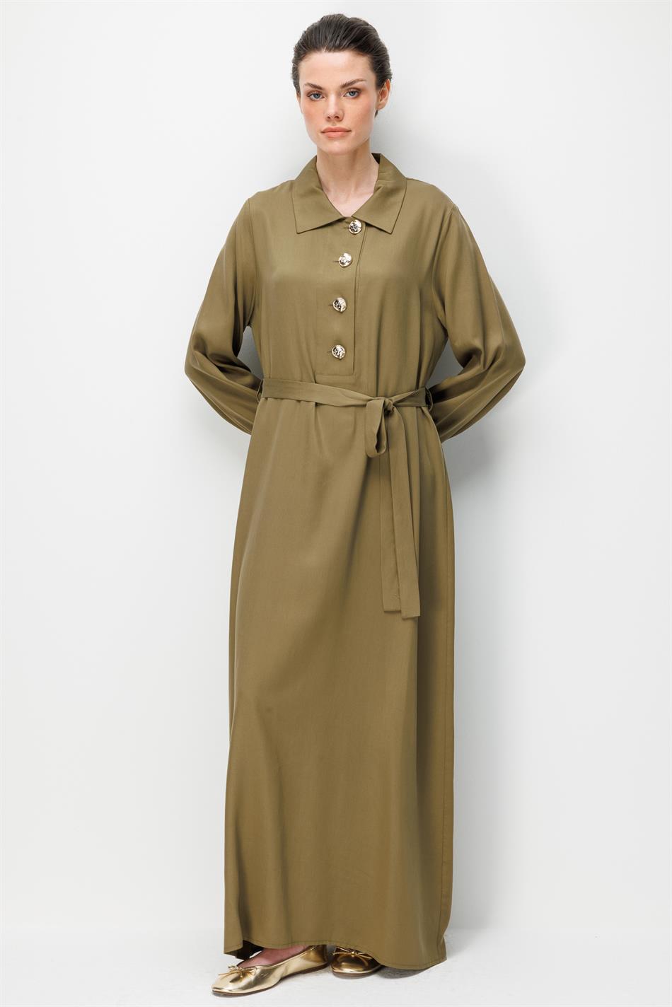 100% natuurlijke LyoCELL gedrapeerde, zachte jurk met knoopsluiting - Khaki