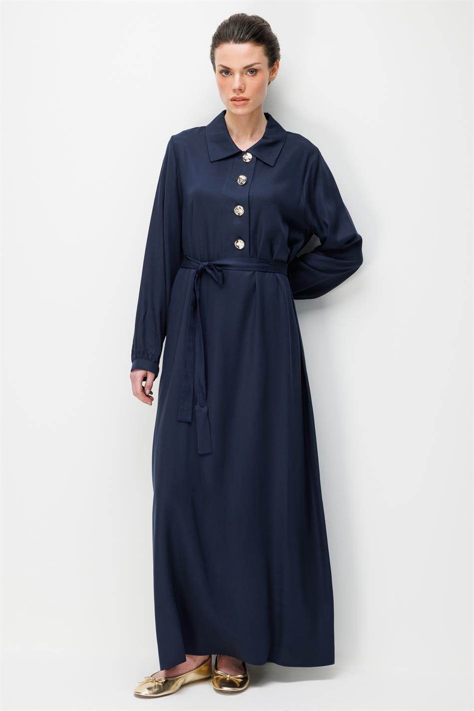 100% natuurlijke LyoCELL gedrapeerde, zachte jurk met knoopsluiting - Marineblauw