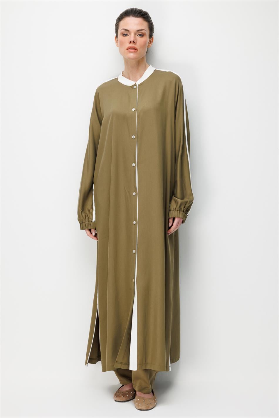 %100 Doğal LyoCELL Dökümlü Soft Hissiyat  Spor Bant Detaylı Maxi Tunik Ferace-Haki