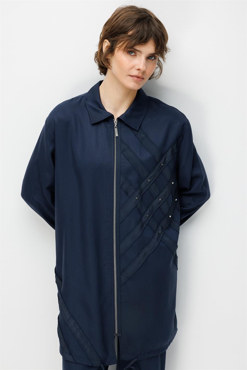 100% natuurlijke LyoCELL gedrapeerde, zachte broek met heupcoating en geweven details - Marineblauw