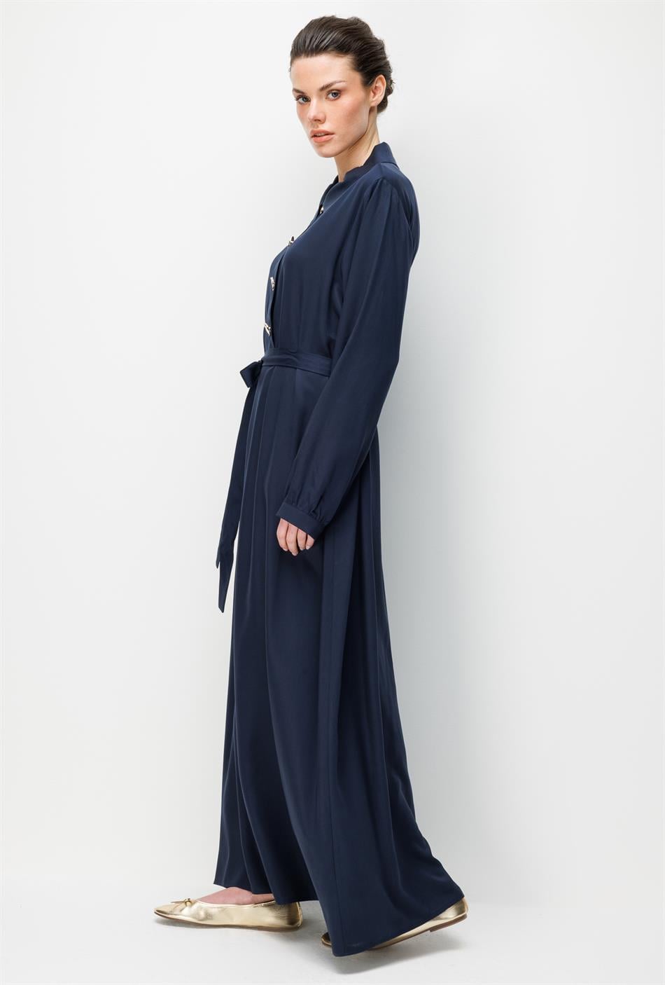 100% natuurlijke LyoCELL gedrapeerde, zachte jurk met knoopsluiting - Marineblauw