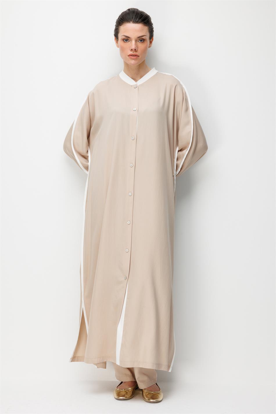 %100 Doğal LyoCELL Dökümlü Soft Hissiyat  Spor Bant Detaylı Maxi Tunik Ferace-Taş