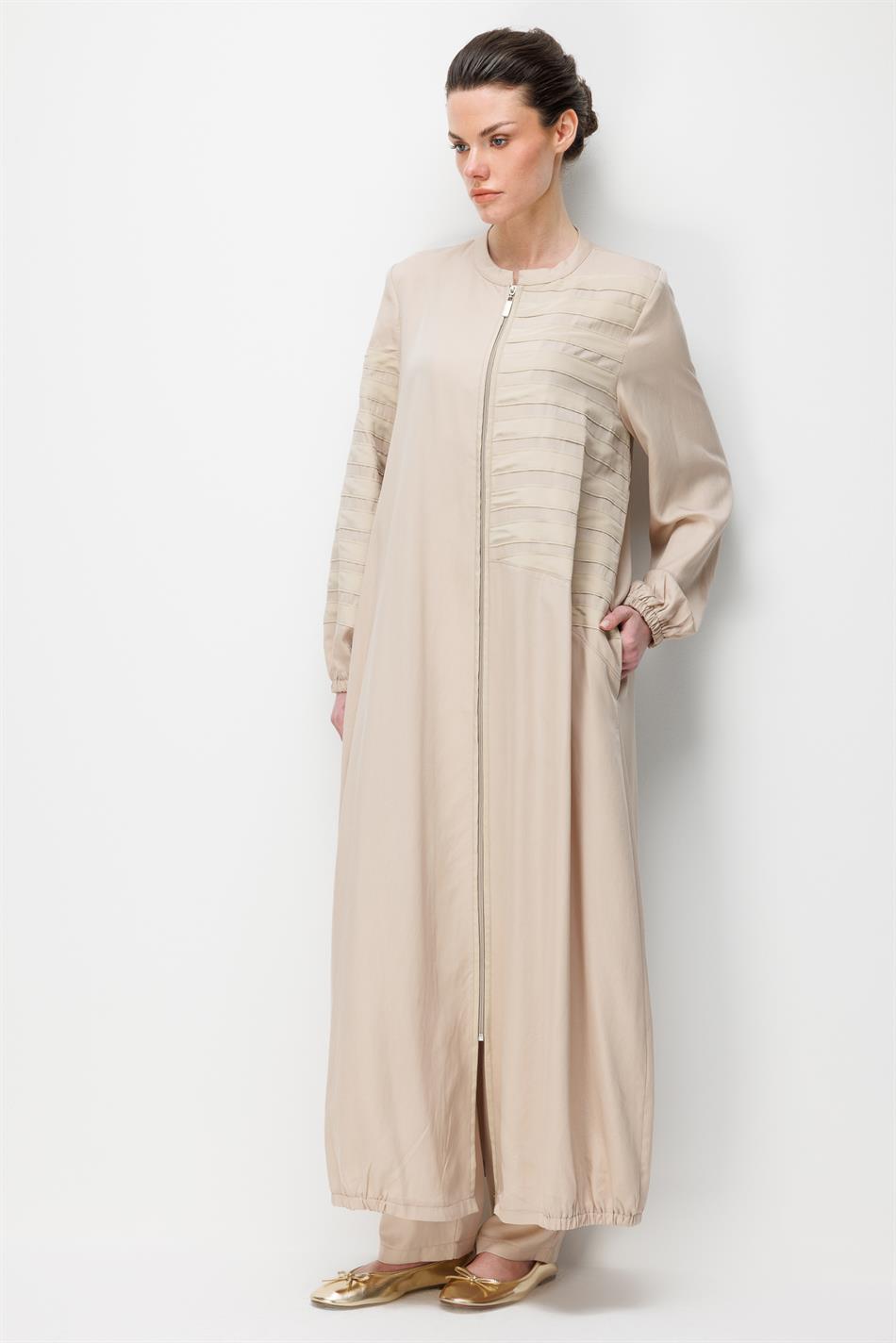 %100 Doğal LyoCELL Dökümlü Soft Hissiyat Elişi Bant Detaylı Ferace-Taş