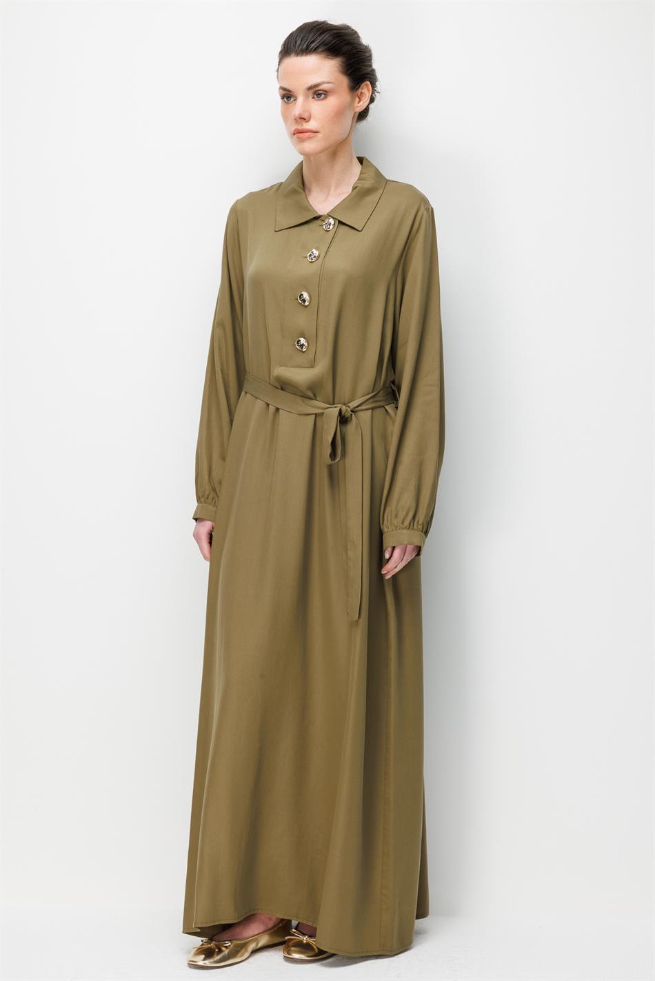 100% natuurlijke LyoCELL gedrapeerde, zachte jurk met knoopsluiting - Khaki