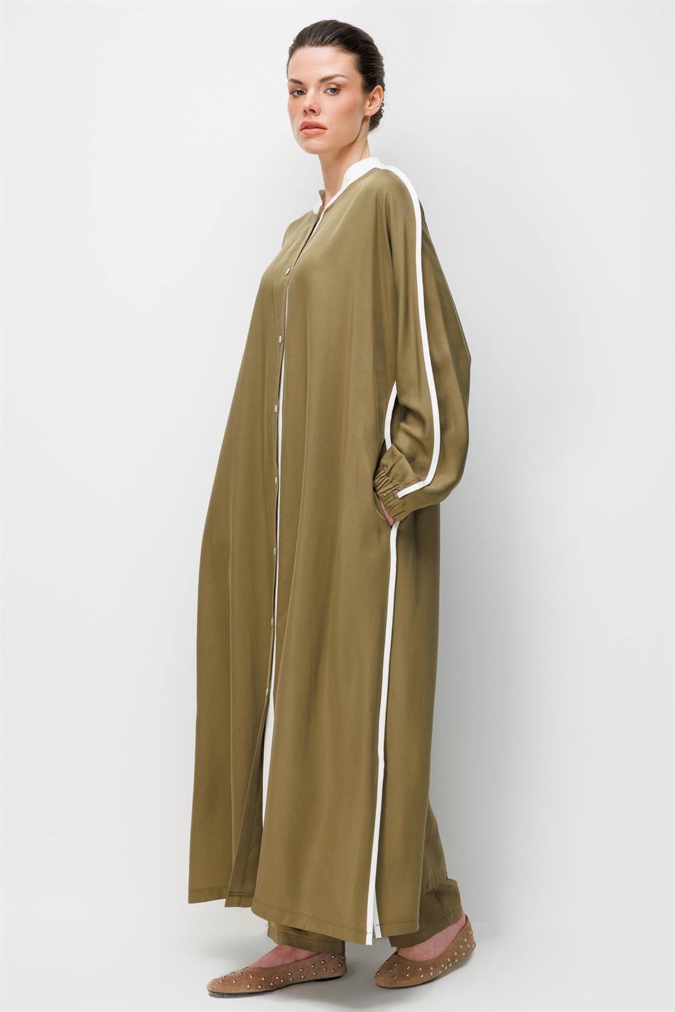 %100 Doğal LyoCELL Dökümlü Soft Hissiyat  Spor Bant Detaylı Maxi Tunik Ferace-Haki