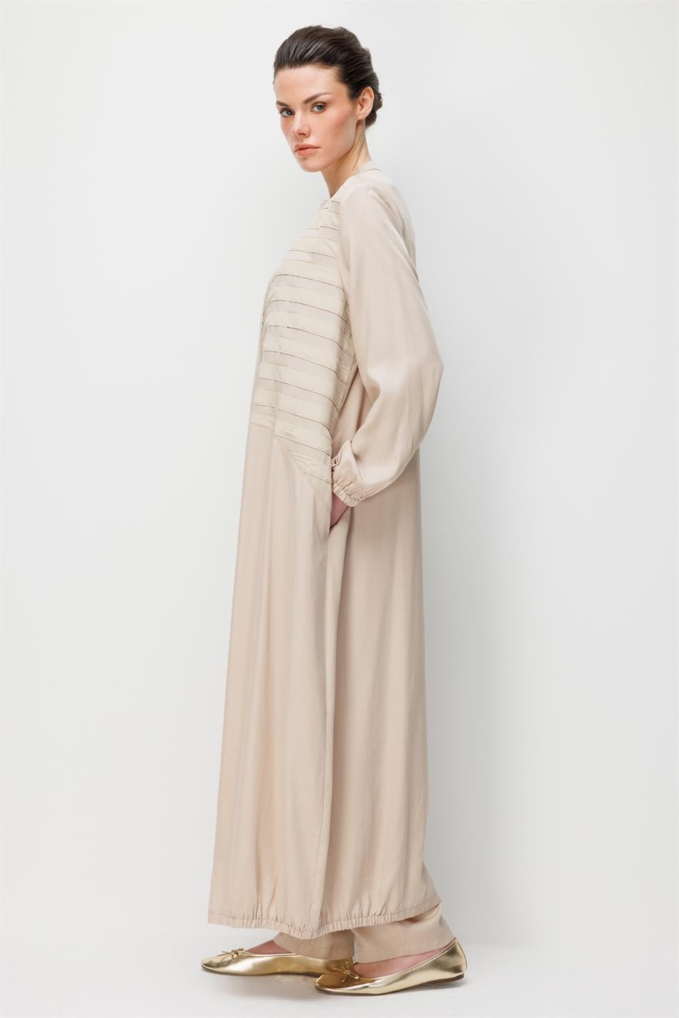 %100 Doğal LyoCELL Dökümlü Soft Hissiyat Elişi Bant Detaylı Ferace-Taş