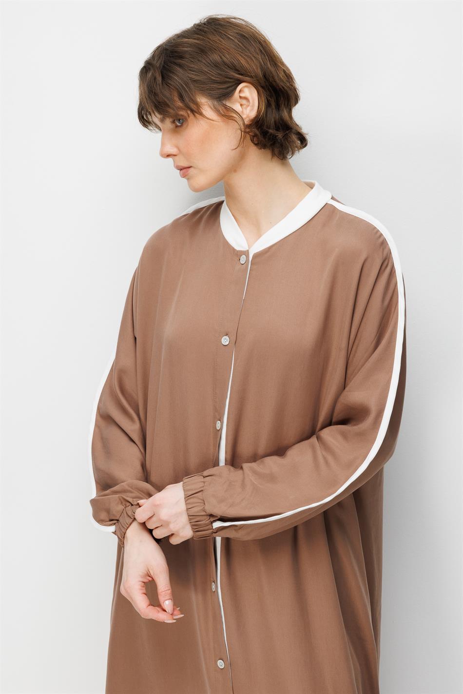 %100 Doğal LyoCELL Dökümlü Soft Hissiyat  Spor Bant Detaylı Maxi Tunik Ferace-Kahve