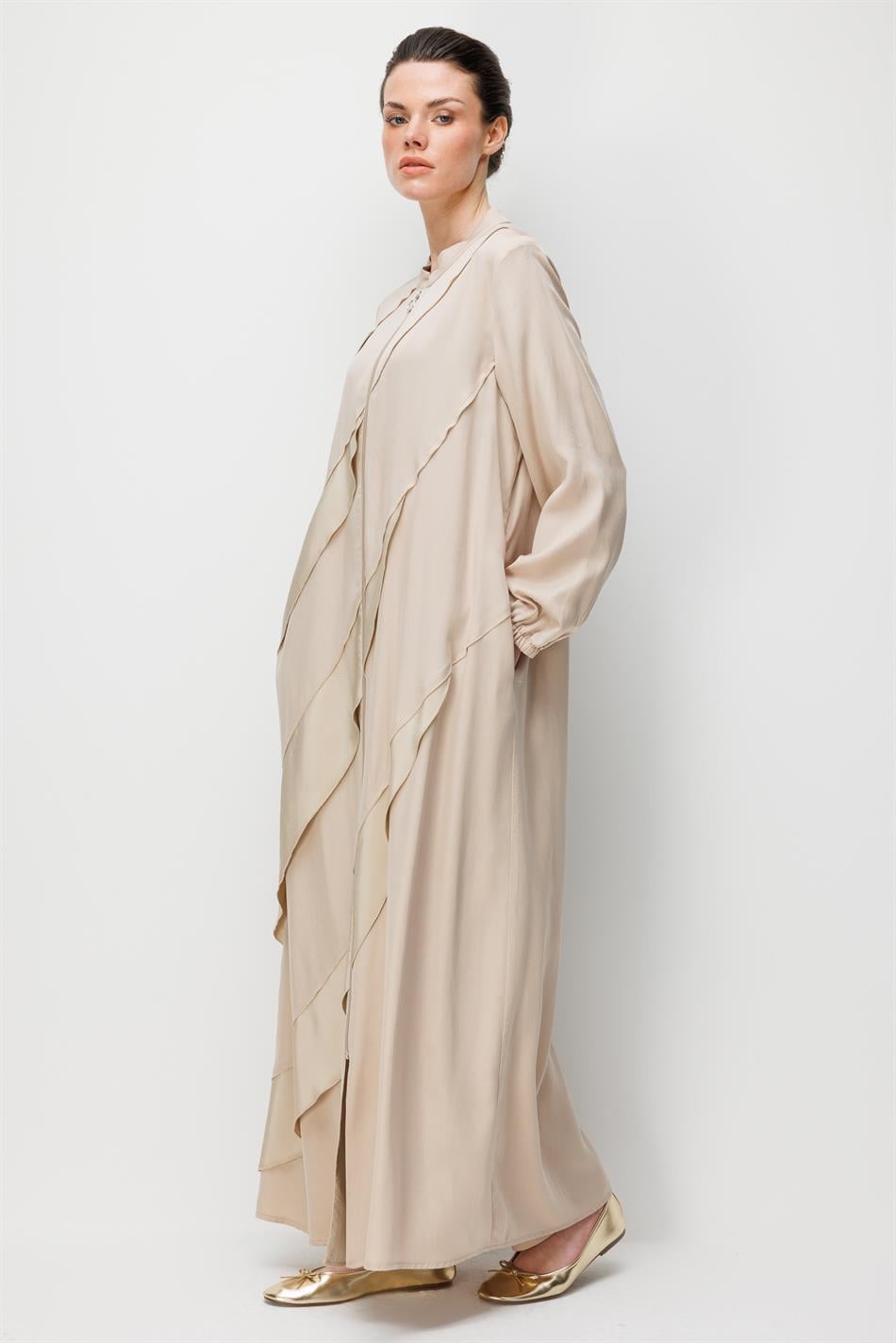 %100 Doğal LyoCELL Dökümlü Soft Hissiyat Ara Aller Volanlı Detay Ferace-Taş