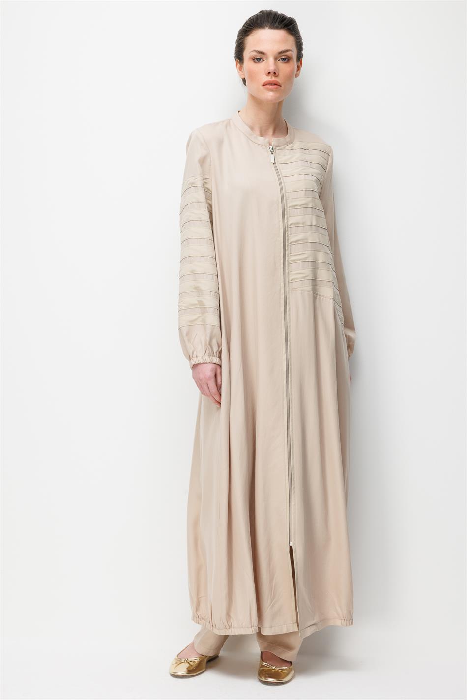 %100 Doğal LyoCELL Dökümlü Soft Hissiyat Elişi Bant Detaylı Ferace-Taş