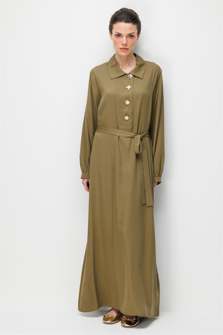 100% natuurlijke LyoCELL gedrapeerde, zachte jurk met knoopsluiting - Khaki