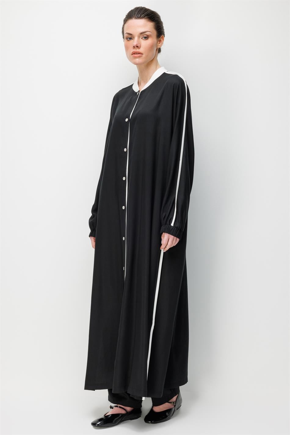 %100 Doğal LyoCELL Dökümlü Soft Hissiyat  Spor Bant Detaylı Maxi Tunik Ferace-Siyah